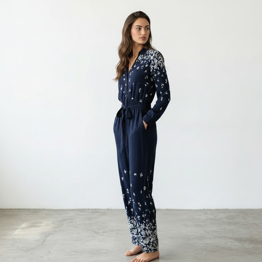 Lilka Anthropologie Navy Blue Floral Button Front Long Sleeve Jumpsuit XS‎